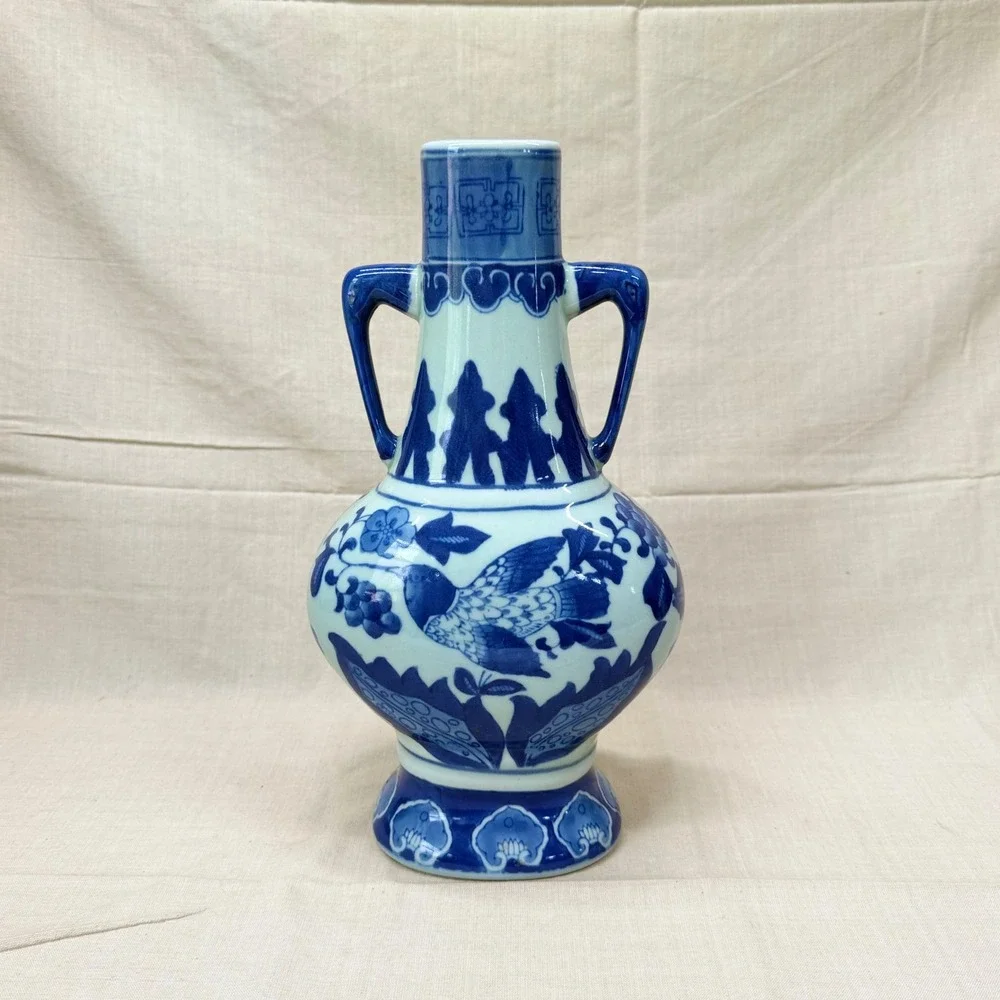Vintage Blue and White Porcelain Bird Vase with Handles Chinoiserie 12 Inch